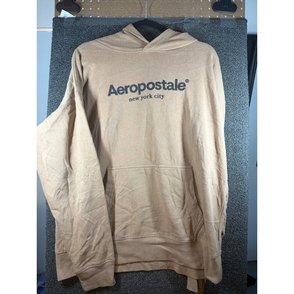 Aeropostale Hoodie Mens Medium Tan New York City Logo Fleece Pullover 558